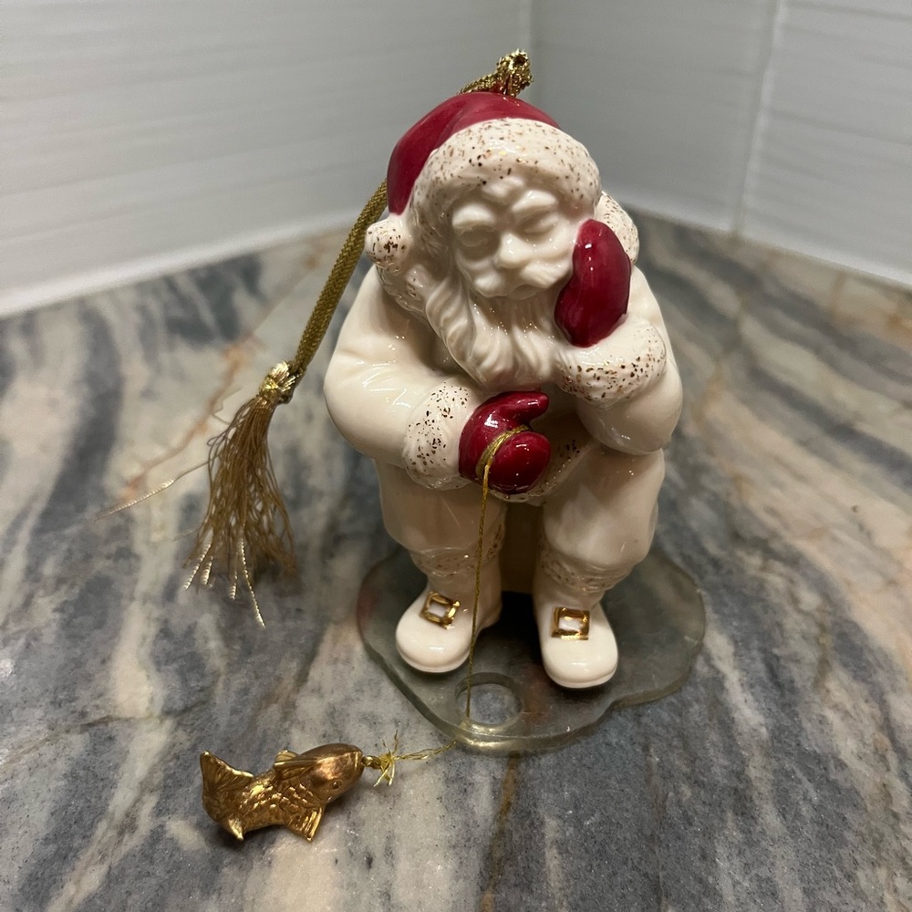 Lenox Christmas Ornament Santa Ice Fishing Fisherman Gold Fish 24K Trim